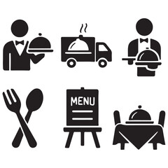 Catering icon set vector. Catering service, food, delivery of ready meals, guest service, menu for event, banquet vector
