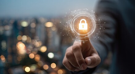 Finger touches glowing padlock over cityscape
