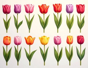 Set of Tulip Flowers of Different Shapes on a White Background