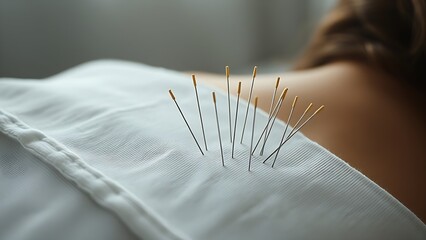 acupuncture. Close-up of sterile acupuncture needles on a cloth, arranged with precision under cool, diffused medical lighting. STEM education sheets.