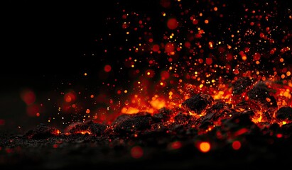 Glowing embers and sparks rise from hot coals against a dark background