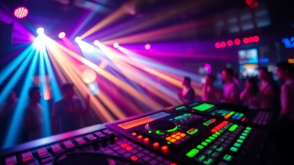 strobe. Dynamic light patterns and abstract controls in a vibrant nightclub setting with colorful atmospheric effects. tutorial guides, club newsletters, designed for sports & leisure club marketing.