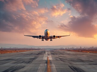 Airplane taking off, blurred runway, mountains on the horizon, orange sunset