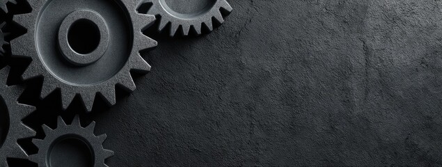 Metallic gears sit on a dark, textured surface, creating an industrial backdrop