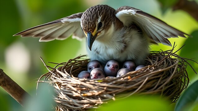 featherless. A mother bird with her wings spread, sheltering her baby birds. wildlife magazines, conservation campaigns, designed for wildlife conservation campaigns, used by presentation designers.