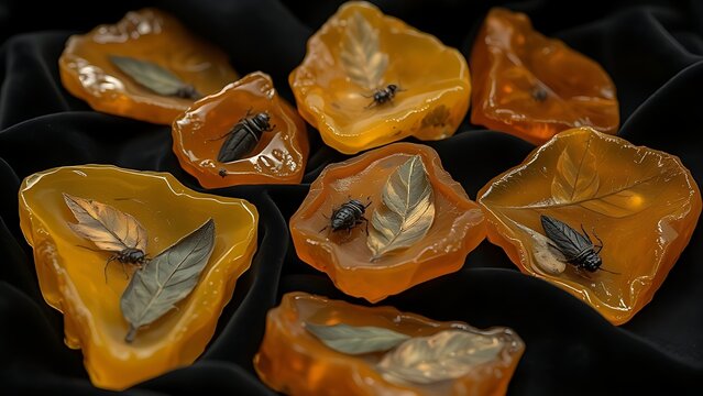 copal. Several raw amber copal resin pieces on black velvet with ancient inclusions. gardening catalogs, home-decor guides, designed for home decor and floral branding, used by video editors.