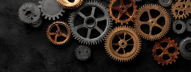 Assorted gears and cogs of various colors and sizes on black background