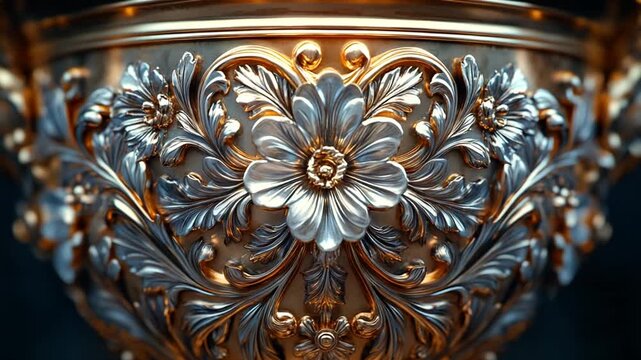Ornate Silver and Gold Floral Metalwork Detail Close Up.