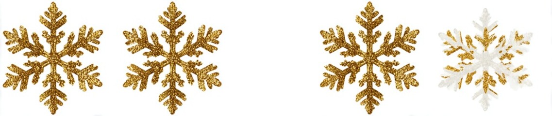 Four shiny snowflakes, some gold, some white, on a plain background