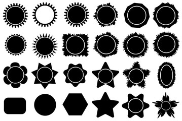 Set of sale sticker, starburst, price tag, quality mark, sunburst badges, and retro stars. Flat vector design. Black Decorative Badge and Frame Shapes.