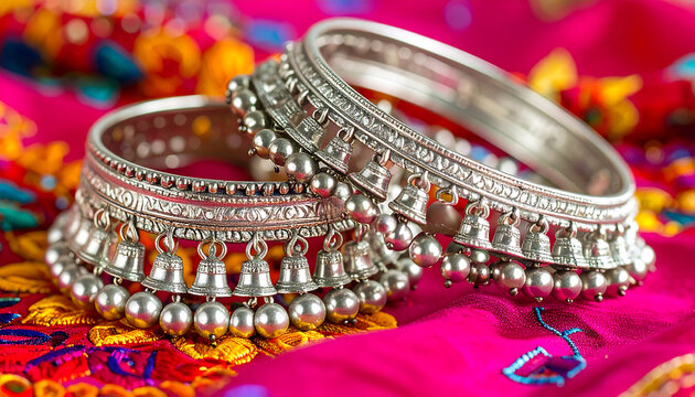 indian silver anklets with bells ethnic jewelry displayed on vibrant embroidered fabric ideal for cultural fashion and traditional festive themes.