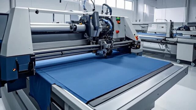 Automated cutting machine precisely cutting blue fabric in a modern textile factory.