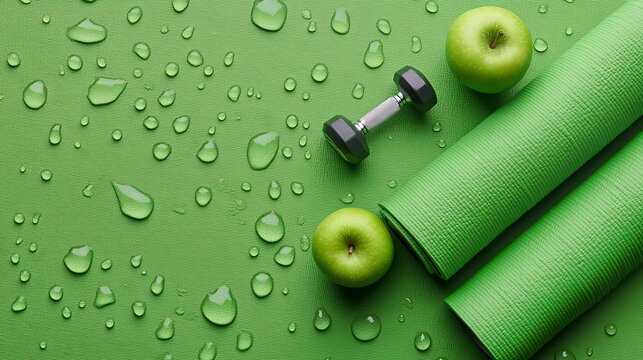Top view of rolled green yoga mat, dumbbells, and apples on green surface with water drops for fitness and workout activities at home or gym