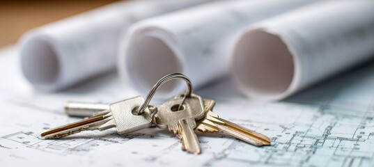 Keys on floor plan with rolled blueprints in background, soft focus shot