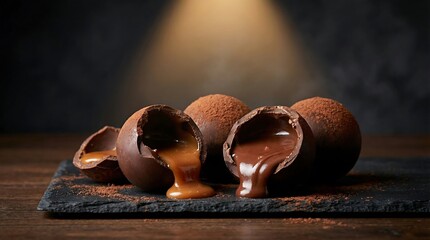 Delicious chocolate truffles with gooey caramel filling on slate plate