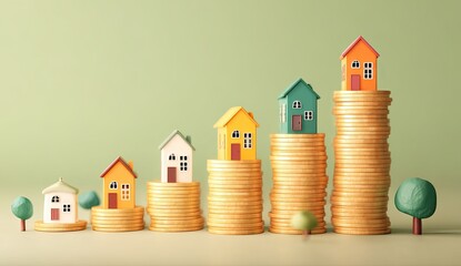 Miniature houses atop ascending coin stacks, symbolizing property value growth