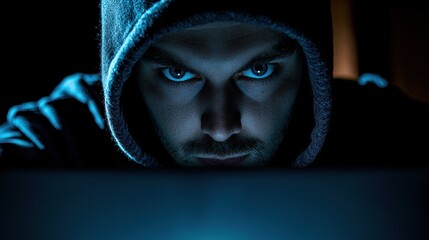 A man wearing a hooded sweatshirt, looking intently at a computer screen in a dark room.