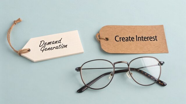 Glasses with Tags Emphasizing Demand Generation and Creating Interest for Marketing and Business Concepts