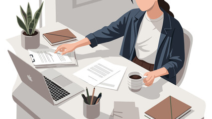 Professional person working at a desk with a laptop and documents, holding a cup of coffee