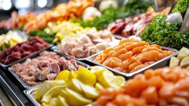 A vibrant display of fresh, colorful fish and vegetables in a market setting.