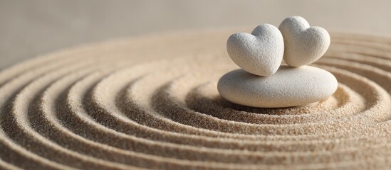 Zen garden with concentric sand lines & heart shaped stones on top