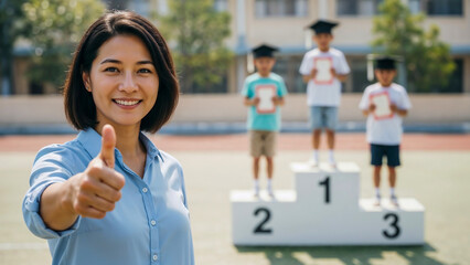 Teacher giving thumbs up on field symbolizing achievement