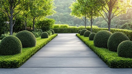 A serene garden path lined with neatly trimmed hedges and lush greenery, leading towards a distant hillside.