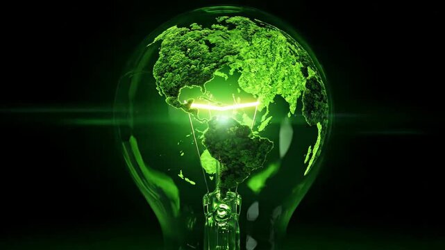 Conceptual image of a lightbulb containing a green world map inside, symbolizing eco-friendly energy.
