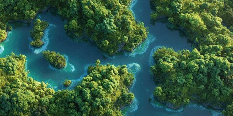 Obraz premium Aerial view of river winding through lush green islands and forests