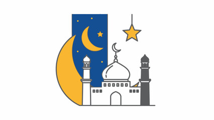 Ramadan Islamic Mosque with Crescent Moon and Star Night Sky Illustration