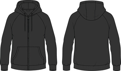 Blank Black Zip Up Hoodie Mockup Front and Back View, Fleece Hooded Sweatshirt Template, Raglan Sleeve Outerwear Flat Lay for Apparel Design Branding © its