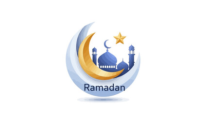 Elegant Ramadan greeting design featuring a crescent moon, iconic mosque silhouette, and a star, symbolizing the holy month of fasting and spiritual reflection