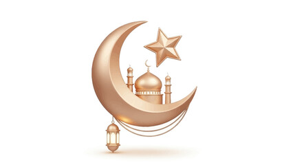 Elegant 3D golden crescent moon, star, mosque, and lantern illustration for Islamic holy month celebrations, perfect for festive greetings and decorations