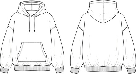 Blank oversized hoodie technical sketch vector, front and back view fashion flat mockup, white hooded sweatshirt template for clothing design and manufacturing. © its