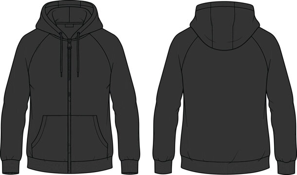 Blank Black Zip Up Hoodie Mockup Front and Back View, Fleece Hooded Sweatshirt Template, Raglan Sleeve Outerwear Flat Lay for Apparel Design Branding