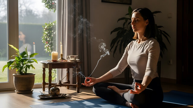 Calm Woman Meditating at Home with Incense, Candles and Plants in Soft Morning Light. A serene woman sits in a cross‑legged meditation pose on a mat, incense rising as candles glow.