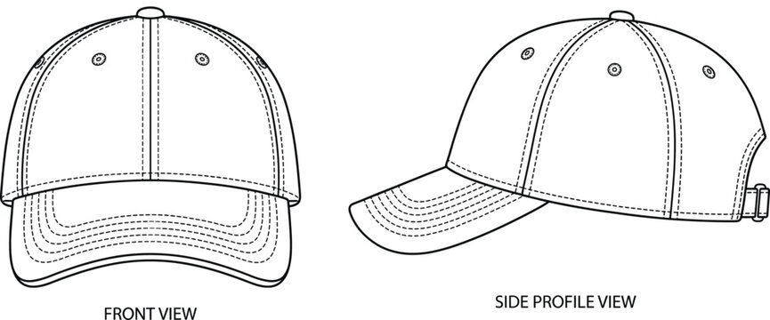 Blank Baseball Cap Vector Mockup Technical Sketch Template with Front and Side View for Fashion Design Tech Pack and Apparel Branding