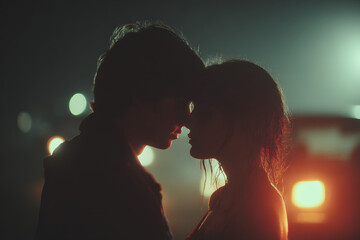 Silhouettes of two young people in the light of burning car headlights in the background. The guy hugs and kisses the girl on the forehead, saying goodbye to her before leaving for against his car.