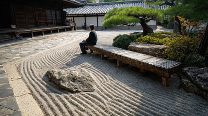 Japanese Zen Garden Stone Bench Contemplation
