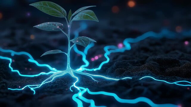 Single futuristic plant growing in digital soil with holographic roots. Glowing neon veins