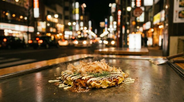 Okonomiyaki street food with city night bokeh lights