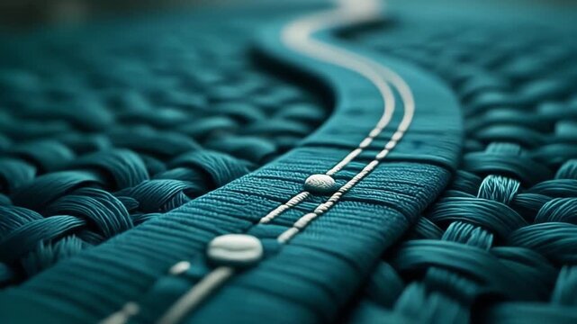 Macro View of Textile Thread Weaving into a Digital Business Roadmap, Abstract Craftsmanship and Strategic Planning Concept, Seamless Loop.
