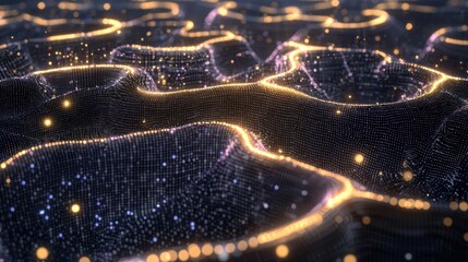 A digital wave pattern with glowing lines and particles, set against a dark background with a few scattered lights.