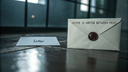 Elegant Sealed Letter on a Wooden Table with Inspiring Quote about Home and Distance in a Soft Natural Light Setting