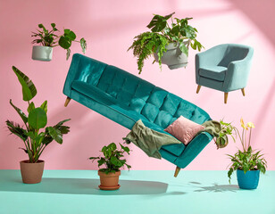 パステルカラーの空間でソファや観葉植物が空中に浮かぶシュールで遊び心のあるインテリアのコンセプト画像
