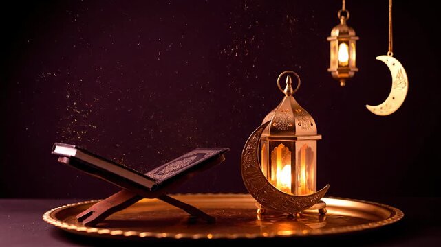 Holy Quran and Golden Lantern for Ramadan Celebration Background