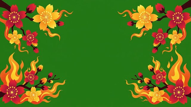 Festive red and gold fire horse border illustration with stylized blossoms and flames, ready for lunar new year 2026 chroma key use.