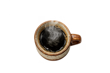 Steaming hot coffee in rustic ceramic mug, top view, enjoying morning beverage, energy drink, transparent background