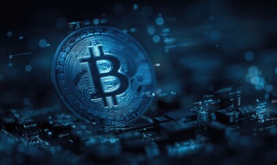 Blue coin on circuits. Digital overlay. Cybernetic currency. Dark & futuristic
