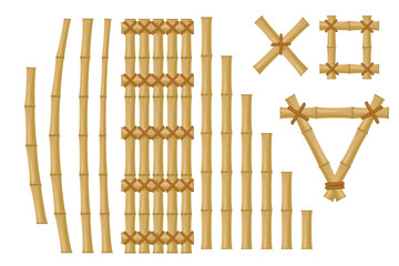 Vector illustration set of bamboo elements and structures, including bamboo poles, fences, frames, and tied joints. Isolated on white background, suitable for design and decoration.